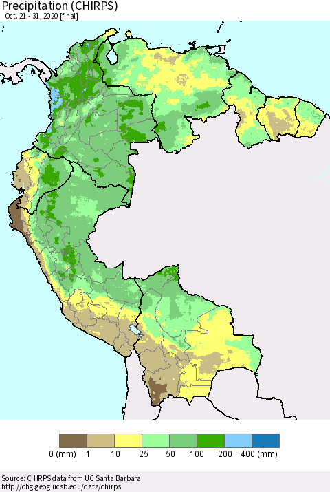 Northern South America Precipitation (CHIRPS) Thematic Map For 10/21/2020 - 10/31/2020