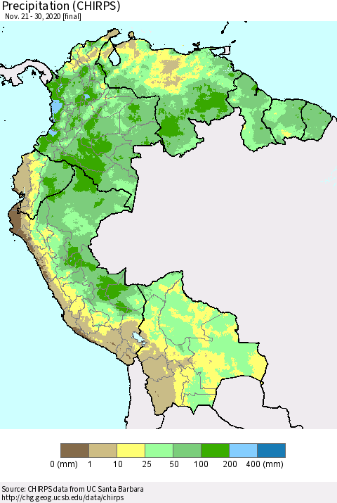 Northern South America Precipitation (CHIRPS) Thematic Map For 11/21/2020 - 11/30/2020