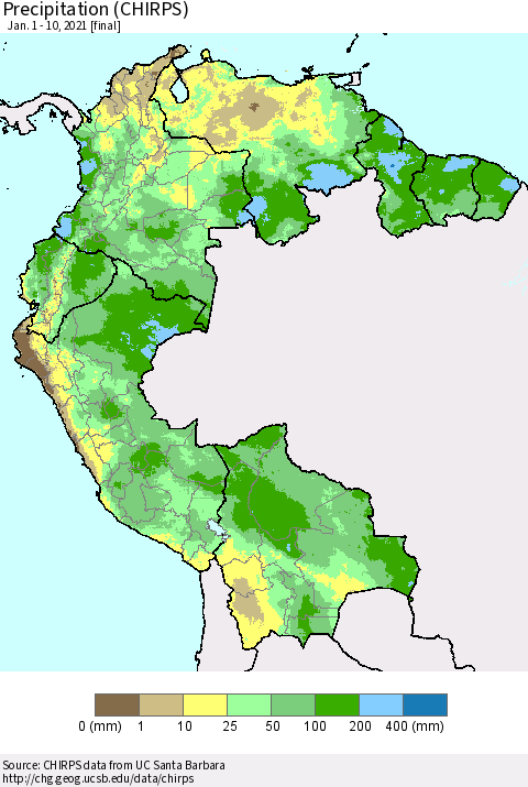 Northern South America Precipitation (CHIRPS) Thematic Map For 1/1/2021 - 1/10/2021