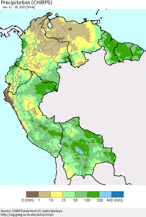 Northern South America Precipitation (CHIRPS) Thematic Map For 1/11/2021 - 1/20/2021