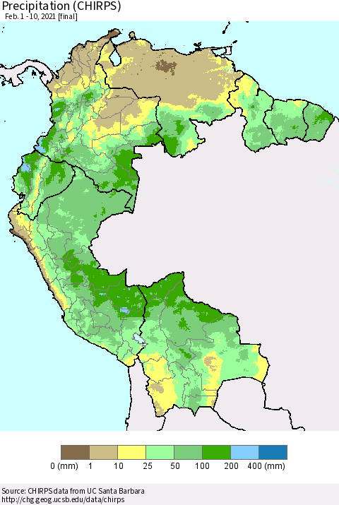 Northern South America Precipitation (CHIRPS) Thematic Map For 2/1/2021 - 2/10/2021