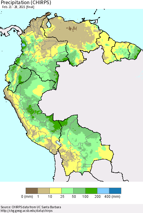 Northern South America Precipitation (CHIRPS) Thematic Map For 2/21/2021 - 2/28/2021