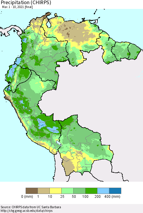 Northern South America Precipitation (CHIRPS) Thematic Map For 3/1/2021 - 3/10/2021