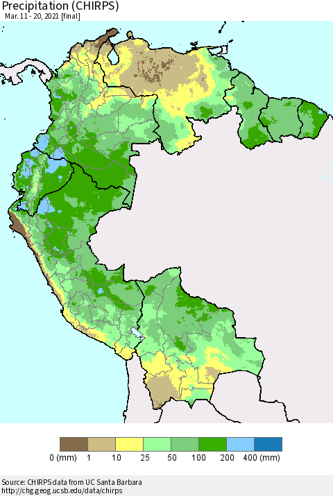 Northern South America Precipitation (CHIRPS) Thematic Map For 3/11/2021 - 3/20/2021