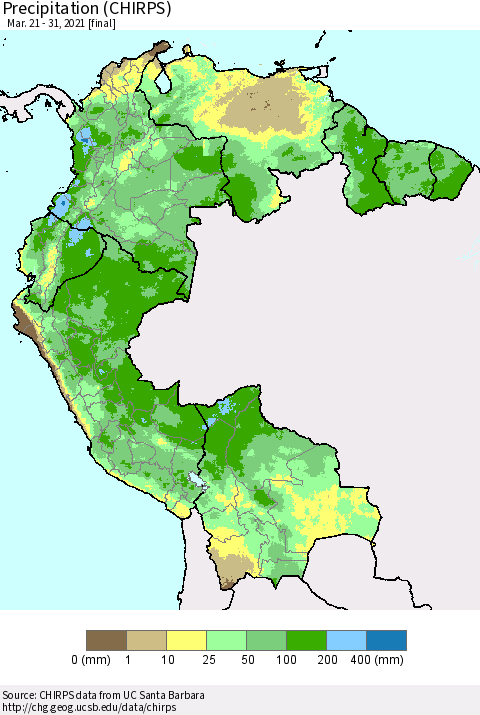 Northern South America Precipitation (CHIRPS) Thematic Map For 3/21/2021 - 3/31/2021