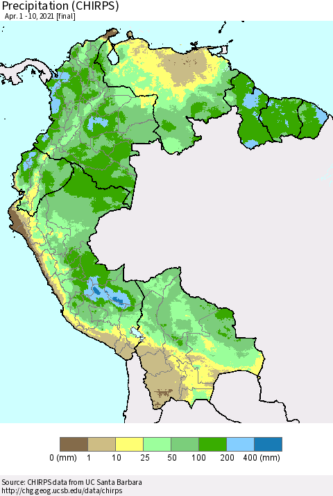Northern South America Precipitation (CHIRPS) Thematic Map For 4/1/2021 - 4/10/2021