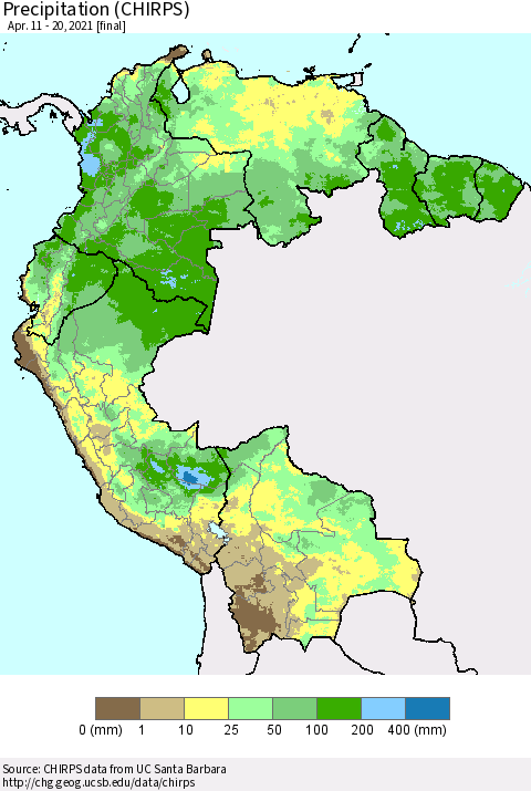 Northern South America Precipitation (CHIRPS) Thematic Map For 4/11/2021 - 4/20/2021