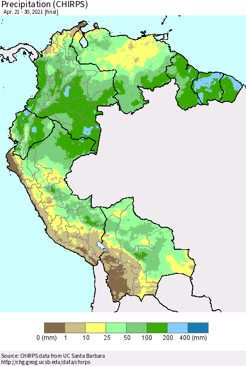 Northern South America Precipitation (CHIRPS) Thematic Map For 4/21/2021 - 4/30/2021