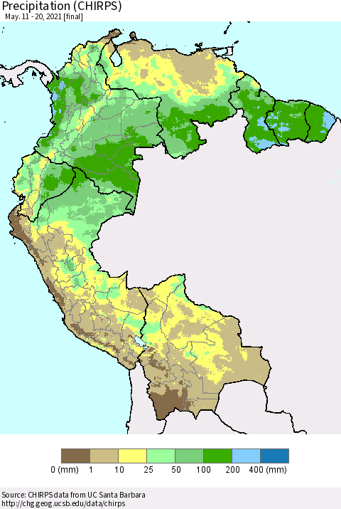 Northern South America Precipitation (CHIRPS) Thematic Map For 5/11/2021 - 5/20/2021
