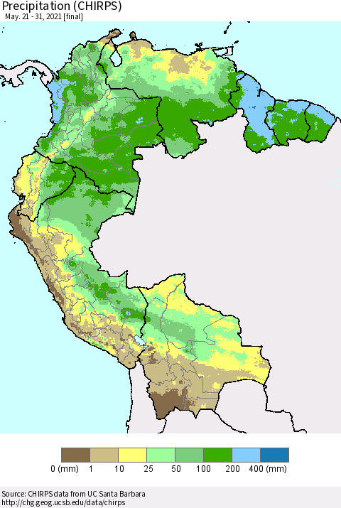 Northern South America Precipitation (CHIRPS) Thematic Map For 5/21/2021 - 5/31/2021