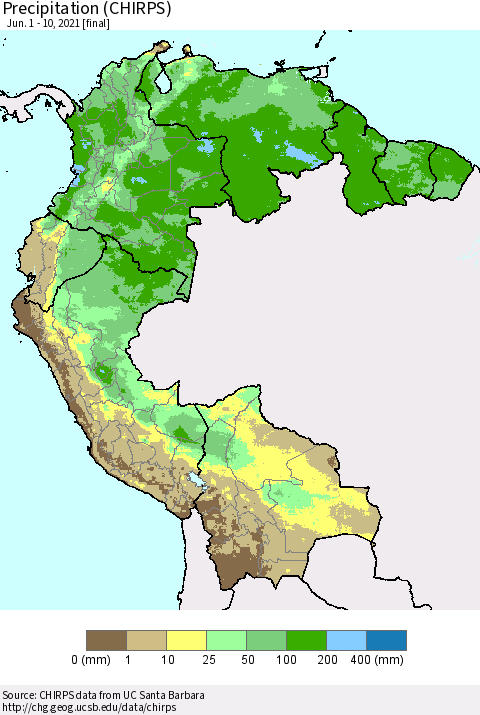 Northern South America Precipitation (CHIRPS) Thematic Map For 6/1/2021 - 6/10/2021