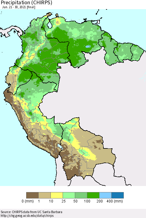 Northern South America Precipitation (CHIRPS) Thematic Map For 6/21/2021 - 6/30/2021