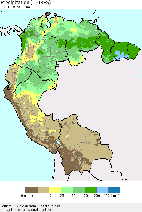 Northern South America Precipitation (CHIRPS) Thematic Map For 7/1/2021 - 7/10/2021