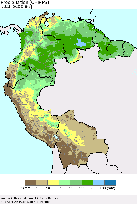 Northern South America Precipitation (CHIRPS) Thematic Map For 7/11/2021 - 7/20/2021