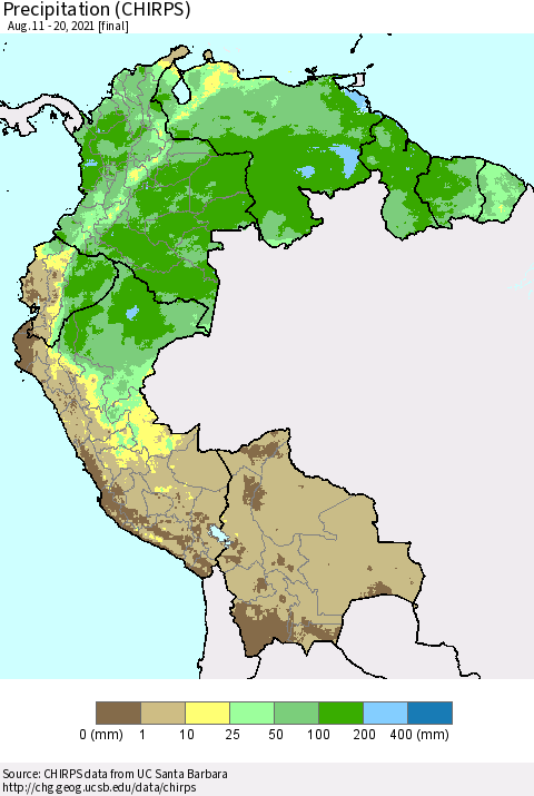 Northern South America Precipitation (CHIRPS) Thematic Map For 8/11/2021 - 8/20/2021