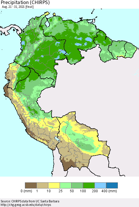 Northern South America Precipitation (CHIRPS) Thematic Map For 8/21/2021 - 8/31/2021