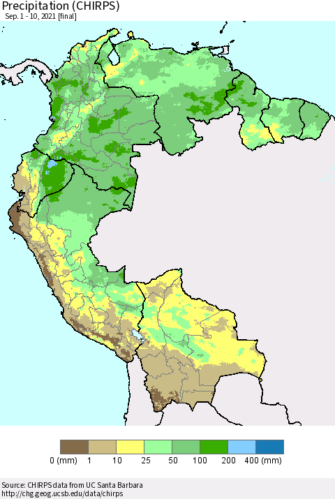 Northern South America Precipitation (CHIRPS) Thematic Map For 9/1/2021 - 9/10/2021