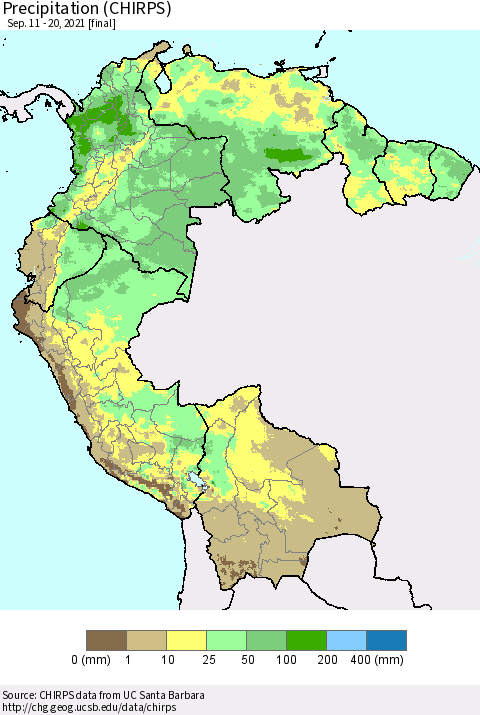 Northern South America Precipitation (CHIRPS) Thematic Map For 9/11/2021 - 9/20/2021