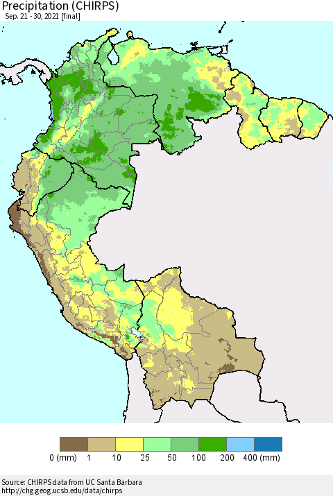 Northern South America Precipitation (CHIRPS) Thematic Map For 9/21/2021 - 9/30/2021