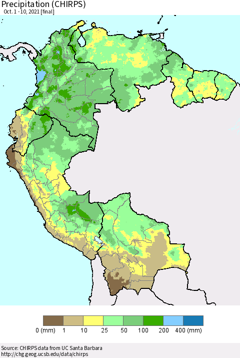 Northern South America Precipitation (CHIRPS) Thematic Map For 10/1/2021 - 10/10/2021