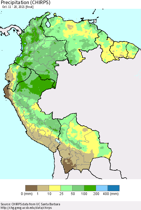 Northern South America Precipitation (CHIRPS) Thematic Map For 10/11/2021 - 10/20/2021