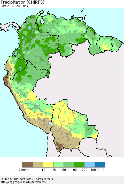 Northern South America Precipitation (CHIRPS) Thematic Map For 10/21/2021 - 10/31/2021