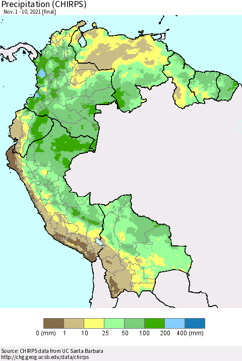 Northern South America Precipitation (CHIRPS) Thematic Map For 11/1/2021 - 11/10/2021