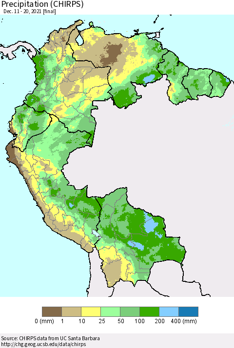 Northern South America Precipitation (CHIRPS) Thematic Map For 12/11/2021 - 12/20/2021