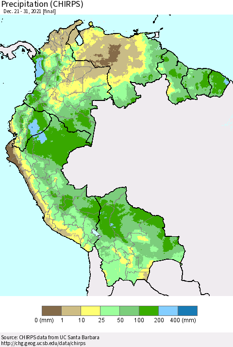Northern South America Precipitation (CHIRPS) Thematic Map For 12/21/2021 - 12/31/2021