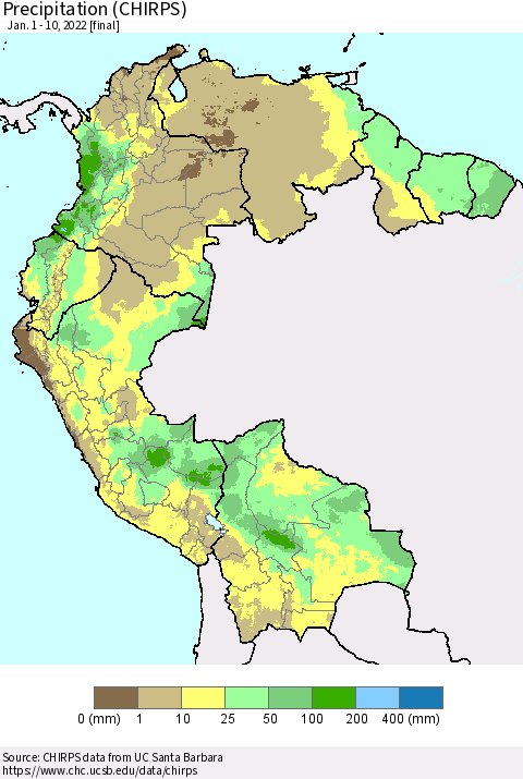 Northern South America Precipitation (CHIRPS) Thematic Map For 1/1/2022 - 1/10/2022