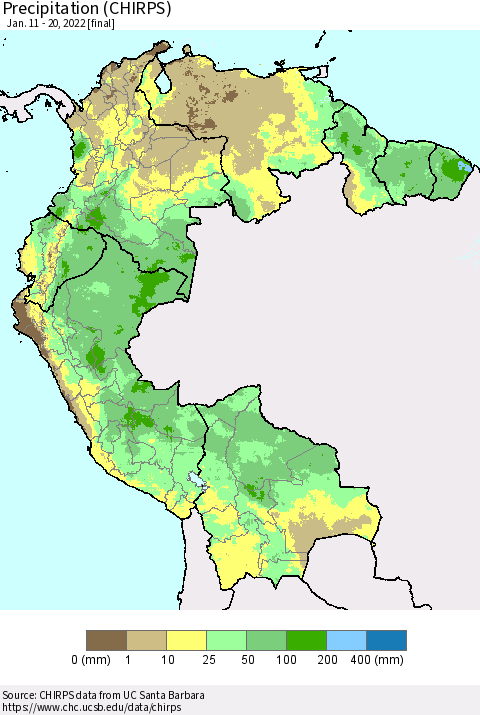 Northern South America Precipitation (CHIRPS) Thematic Map For 1/11/2022 - 1/20/2022