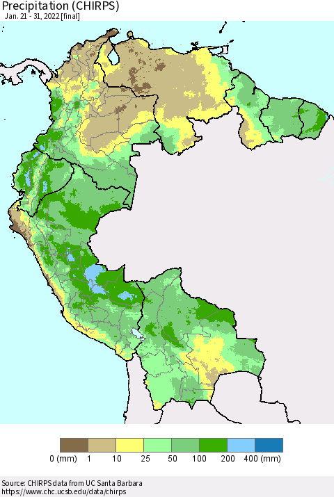 Northern South America Precipitation (CHIRPS) Thematic Map For 1/21/2022 - 1/31/2022