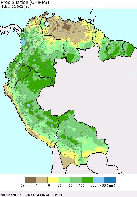 Northern South America Precipitation (CHIRPS) Thematic Map For 2/1/2022 - 2/10/2022