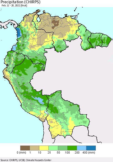 Northern South America Precipitation (CHIRPS) Thematic Map For 2/11/2022 - 2/20/2022