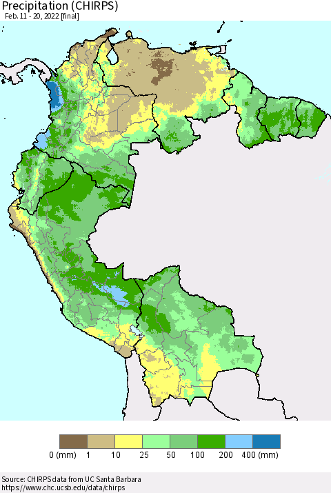 Northern South America Precipitation (CHIRPS) Thematic Map For 2/11/2022 - 2/20/2022