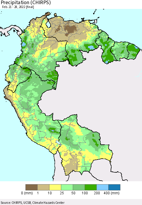Northern South America Precipitation (CHIRPS) Thematic Map For 2/21/2022 - 2/28/2022