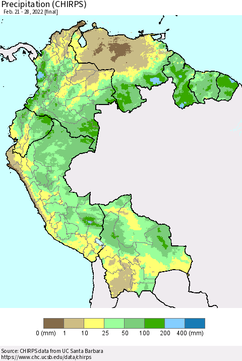 Northern South America Precipitation (CHIRPS) Thematic Map For 2/21/2022 - 2/28/2022
