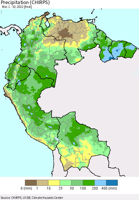 Northern South America Precipitation (CHIRPS) Thematic Map For 3/1/2022 - 3/10/2022