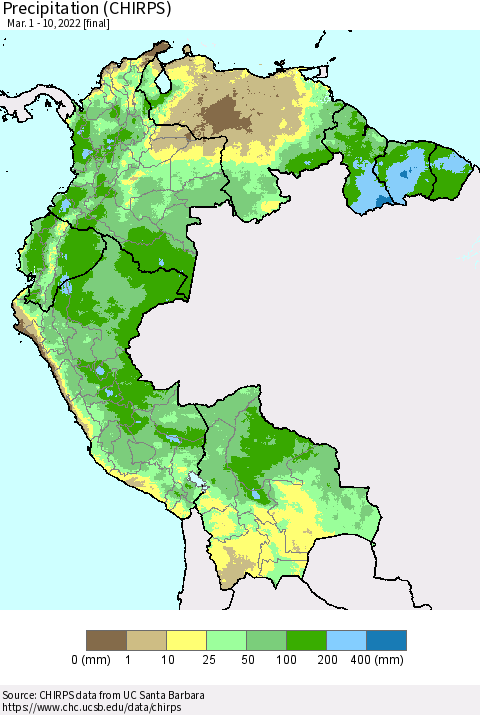 Northern South America Precipitation (CHIRPS) Thematic Map For 3/1/2022 - 3/10/2022