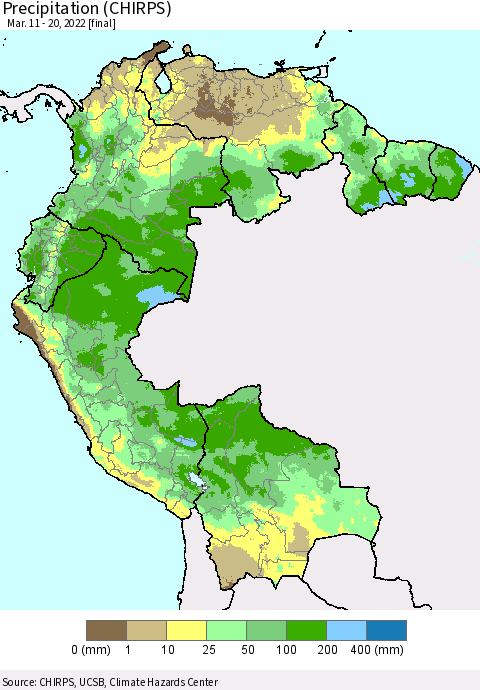 Northern South America Precipitation (CHIRPS) Thematic Map For 3/11/2022 - 3/20/2022