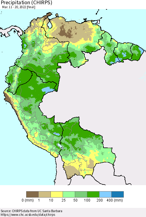 Northern South America Precipitation (CHIRPS) Thematic Map For 3/11/2022 - 3/20/2022