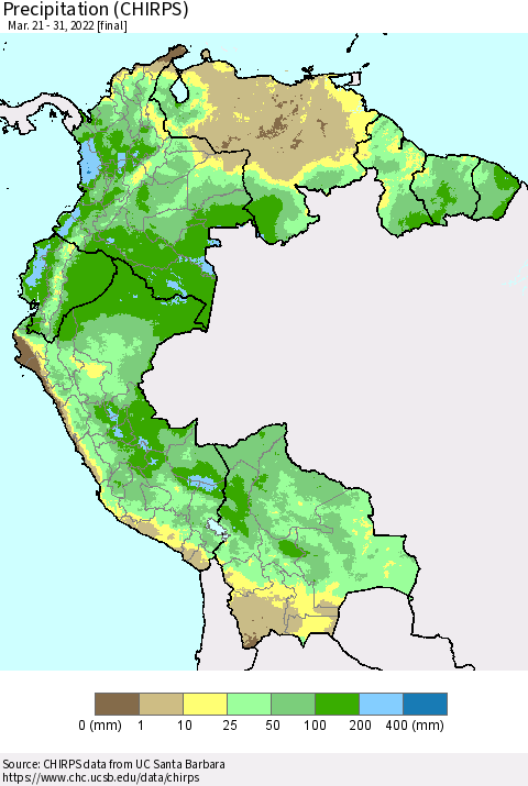 Northern South America Precipitation (CHIRPS) Thematic Map For 3/21/2022 - 3/31/2022