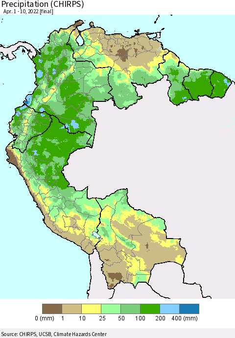Northern South America Precipitation (CHIRPS) Thematic Map For 4/1/2022 - 4/10/2022