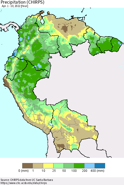 Northern South America Precipitation (CHIRPS) Thematic Map For 4/1/2022 - 4/10/2022
