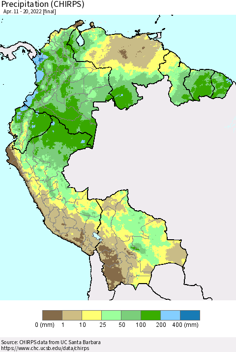 Northern South America Precipitation (CHIRPS) Thematic Map For 4/11/2022 - 4/20/2022