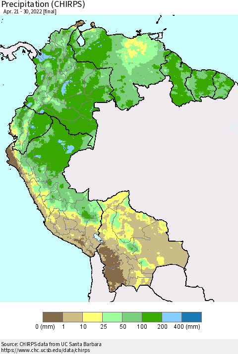 Northern South America Precipitation (CHIRPS) Thematic Map For 4/21/2022 - 4/30/2022