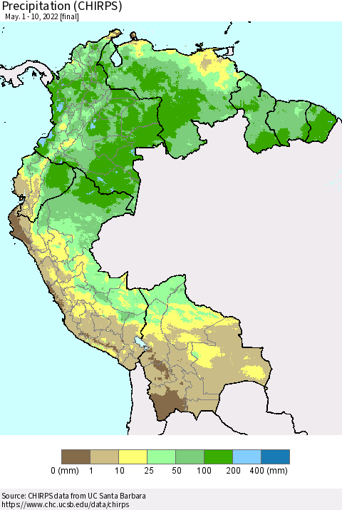 Northern South America Precipitation (CHIRPS) Thematic Map For 5/1/2022 - 5/10/2022