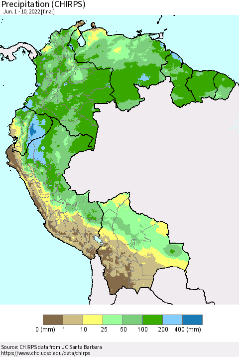 Northern South America Precipitation (CHIRPS) Thematic Map For 6/1/2022 - 6/10/2022