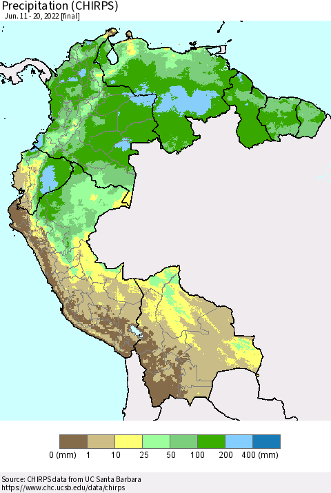 Northern South America Precipitation (CHIRPS) Thematic Map For 6/11/2022 - 6/20/2022