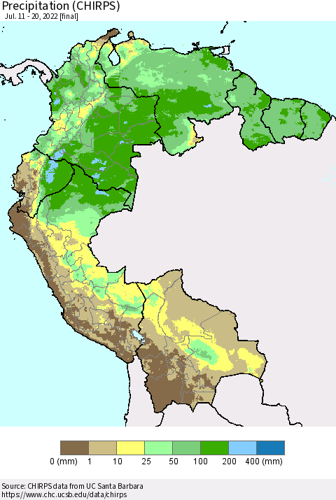 Northern South America Precipitation (CHIRPS) Thematic Map For 7/11/2022 - 7/20/2022